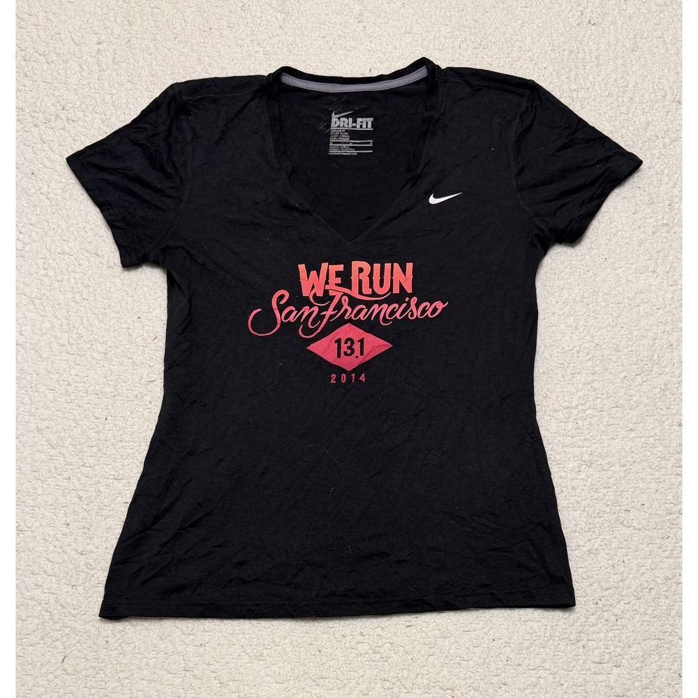 Nike Womens T-shirt Graphic Tee Black V-neck Dri-fit We Run SF 13.1 2014 Size M